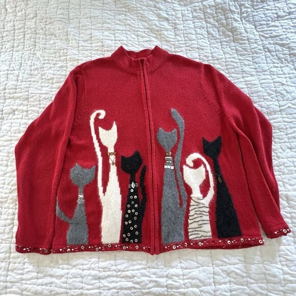 Coldwater Creek Full Zip Red Ramie Cat Cardigan Sweater sz L/XL Beaded Cat Lady - Picture 1 of 11